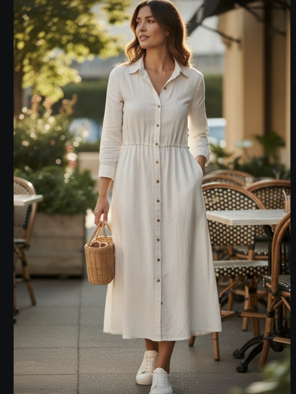Nwt.TOUCHE Button-Front Long Sleeve Shirt Dress in Bone Color.